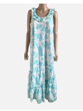 HILO HATTIE Hawaiian Cotton Blend Blue & White Maxi Dress Muumuu Ruffle Medium